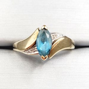 10k Solid Yellow Gold Marquise Shaped Blue Topaz & Diamond Accent Ring